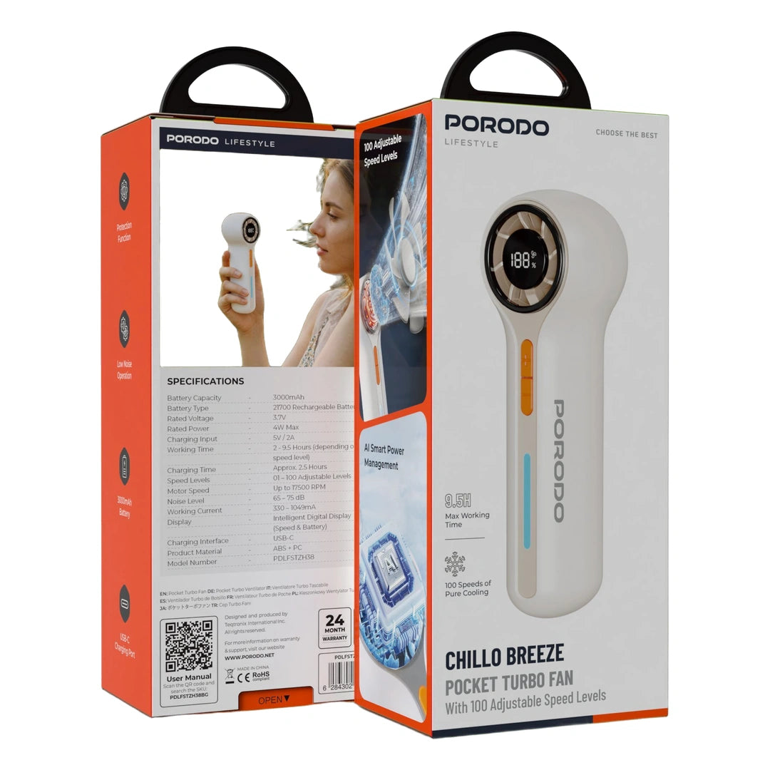 Porodo Lifestyle Chillo Breeze Pocket Turbo Fan With 100 Speed Levels - Beige
