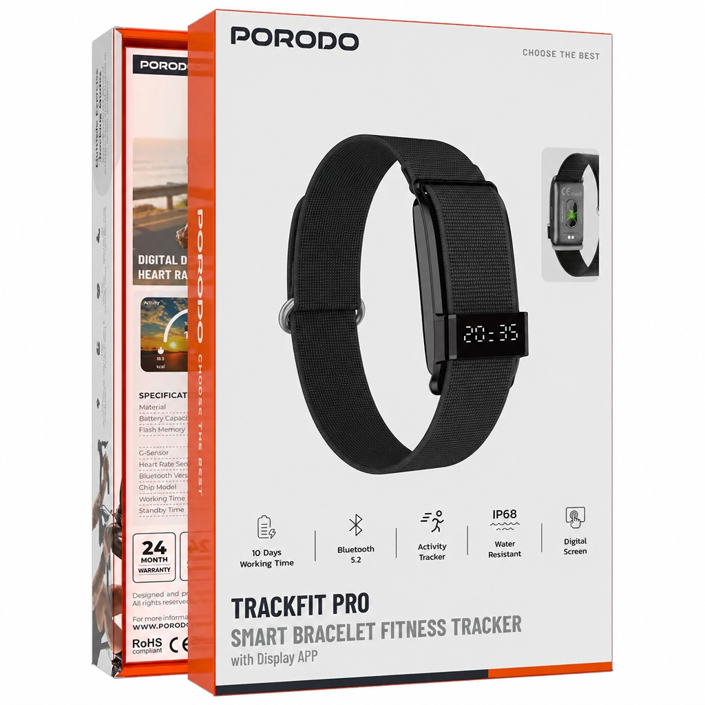 سوار Porodo Trackfit Pro الذكي لتتبع اللياقة البدنية مع تطبيق الشاشة - أسود