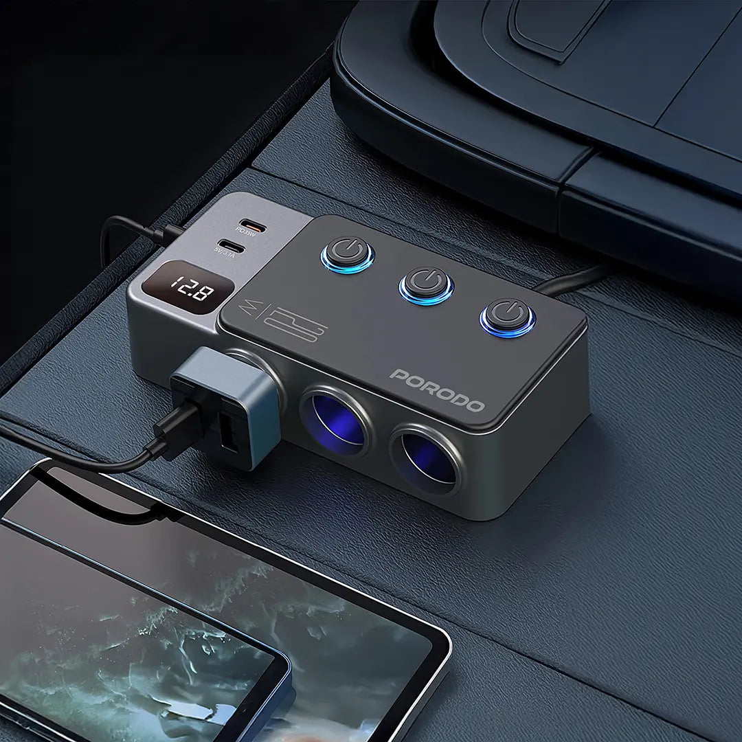 Porodo 120W Car Charger Hub Triple-Port Lighter Socket - PDFWCH070DG