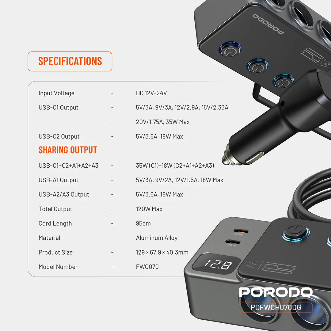 Porodo 120W Car Charger Hub Triple-Port Lighter Socket - PDFWCH070DG