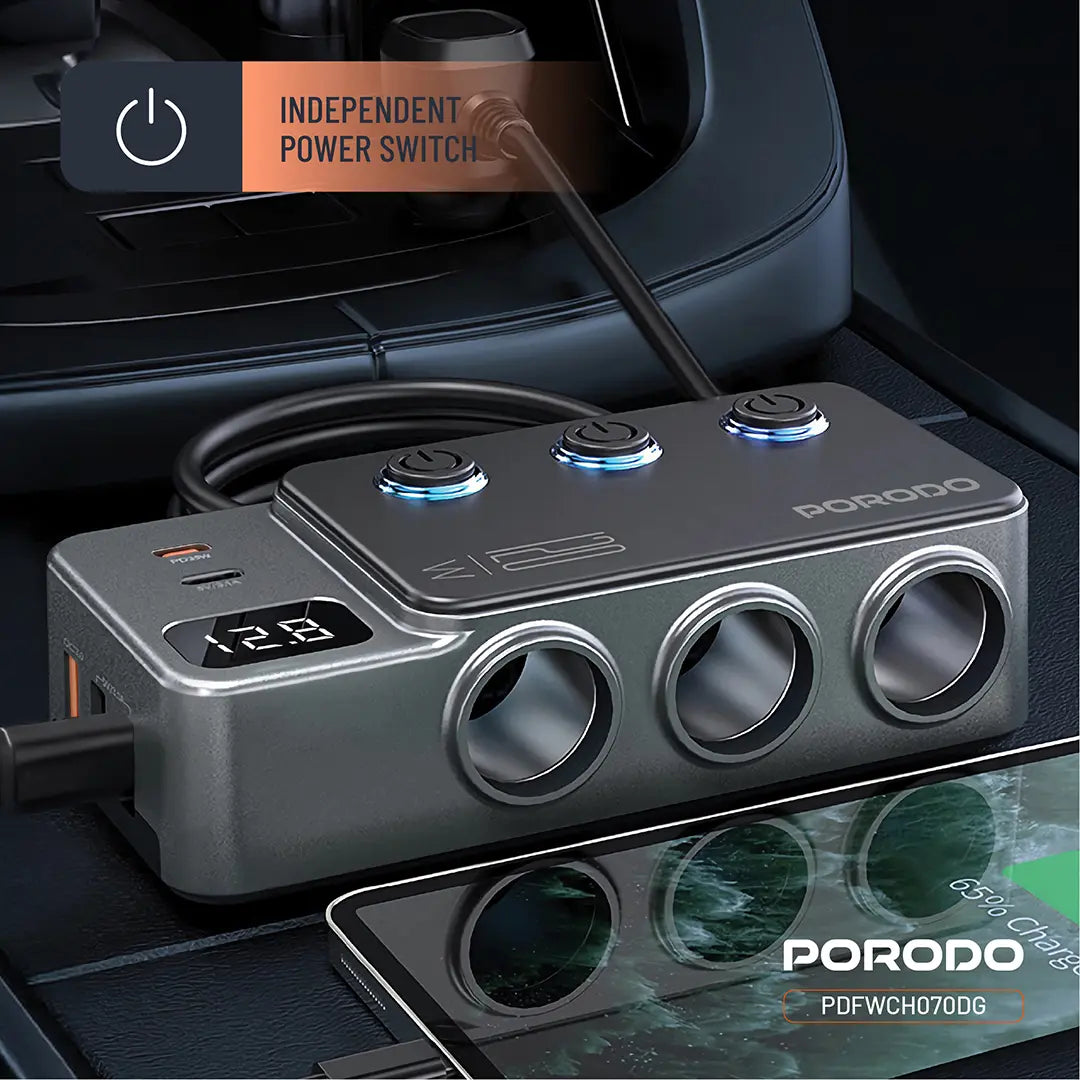 Porodo 120W Car Charger Hub Triple-Port Lighter Socket - PDFWCH070DG