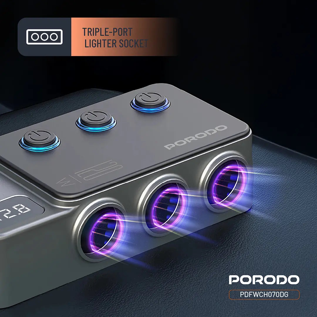 Porodo 120W Car Charger Hub Triple-Port Lighter Socket - PDFWCH070DG