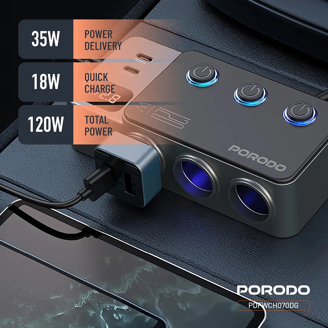 Porodo 120W Car Charger Hub Triple-Port Lighter Socket - PDFWCH070DG