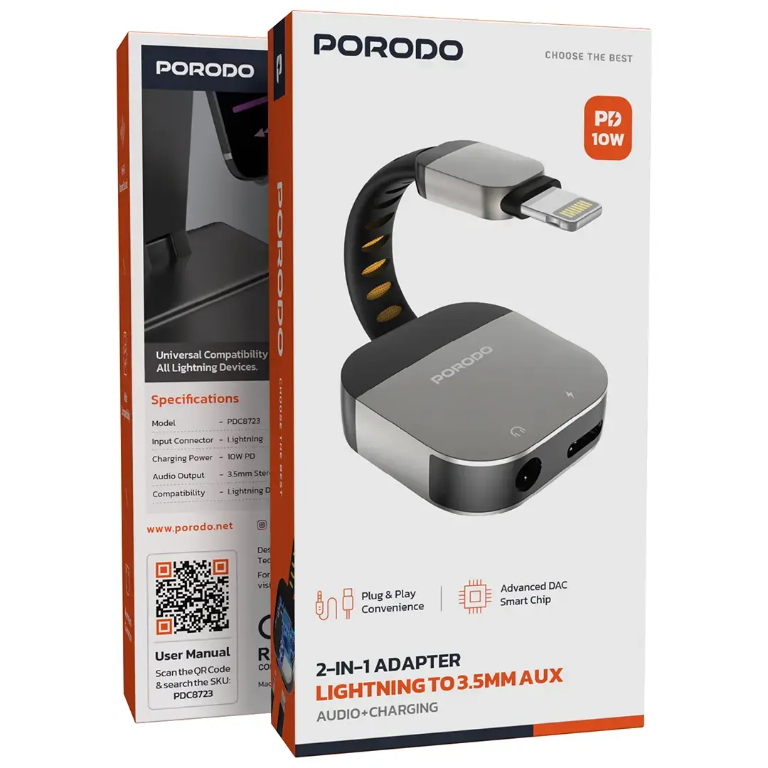 Porodo 2-In-1 Adapter Lightning To 3.5mm Aux Audio + Charging - PDC8723GY