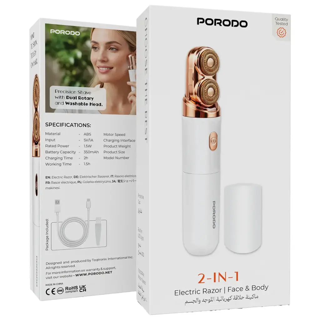 Porodo ماكينة حلاقة كهربائية 2 في 1 للوجه والجسم - أبيض