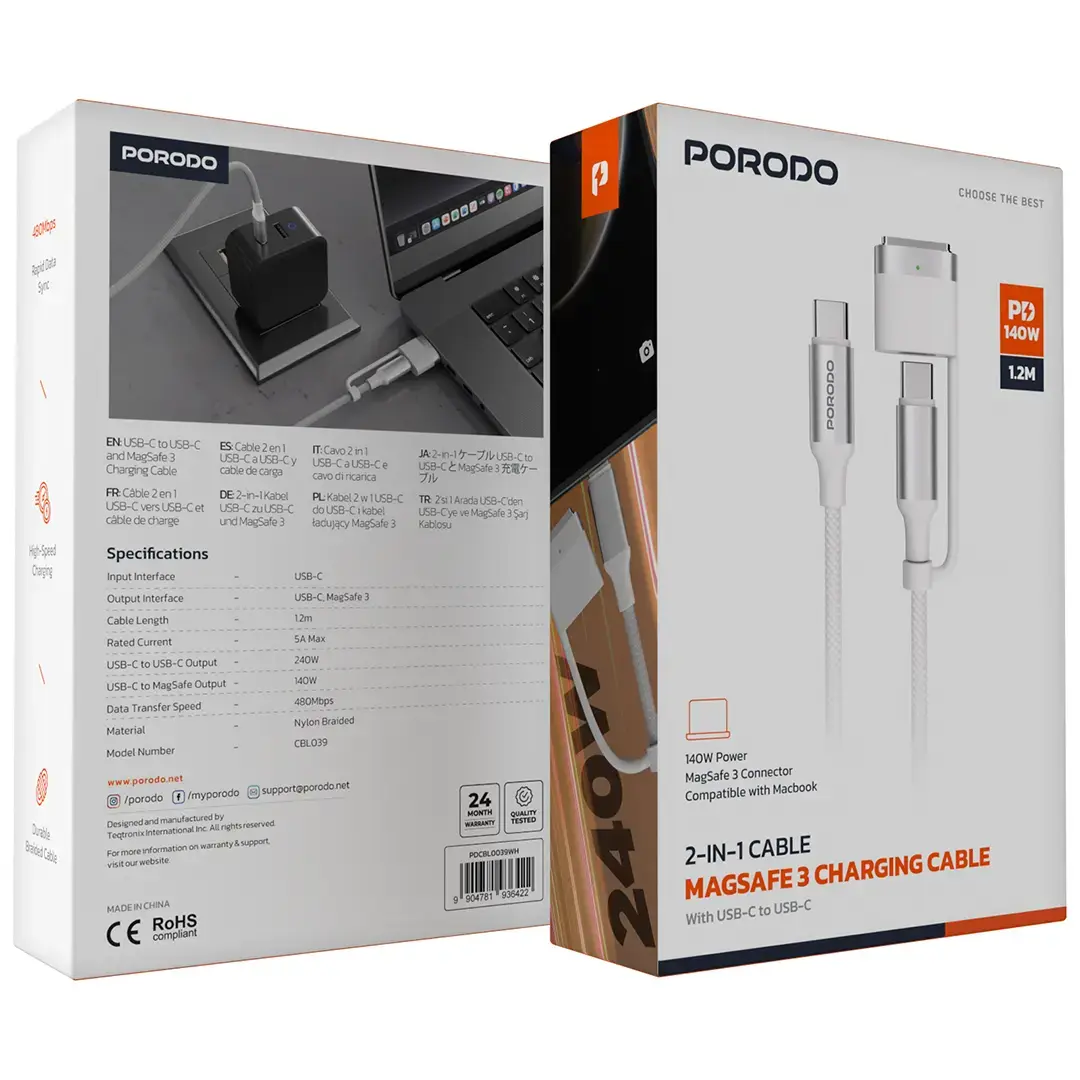 Porodo 2-In-1 Cable MagSafe 3 Charging Cable With USB-C to USB-C - PDCBL0039WH