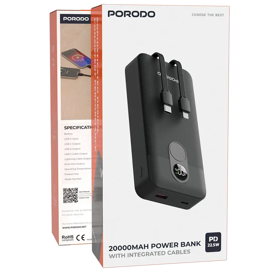Porodo 20000mAh Power bank Digital Display with C & Lightning Cable - PDPBFCH058BK