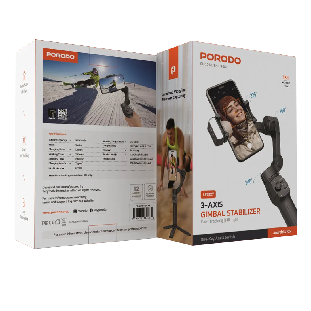 Porodo 3-Axis Gimbal Stabilizer Magnetic Fill Light - PD-LFST127-BK