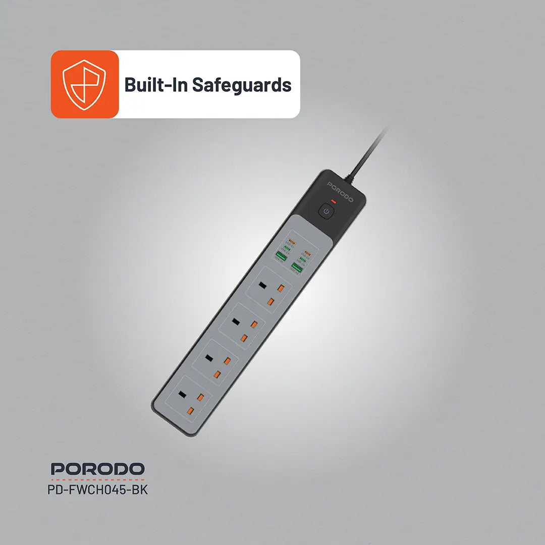 Porodo 4AC 65W 3000W Power Strip - PD-FWCH045-BK