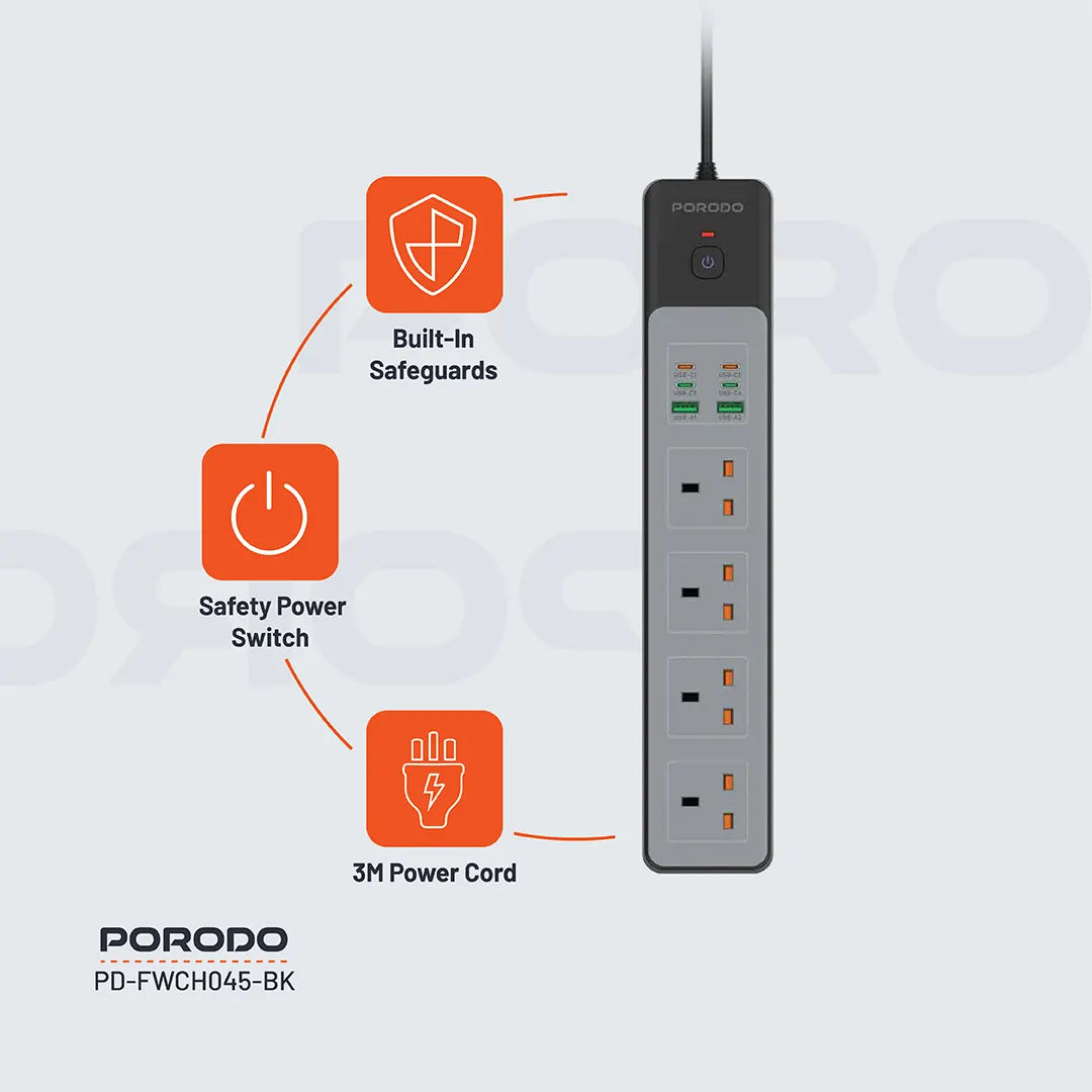 Porodo 4AC 65W 3000W Power Strip - PD-FWCH045-BK