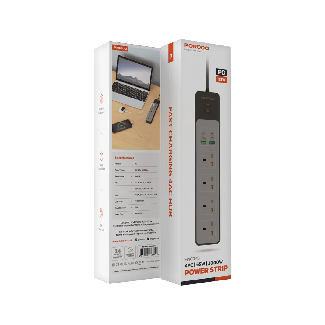 Porodo 4AC 65W 3000W Power Strip - PD-FWCH045-BK