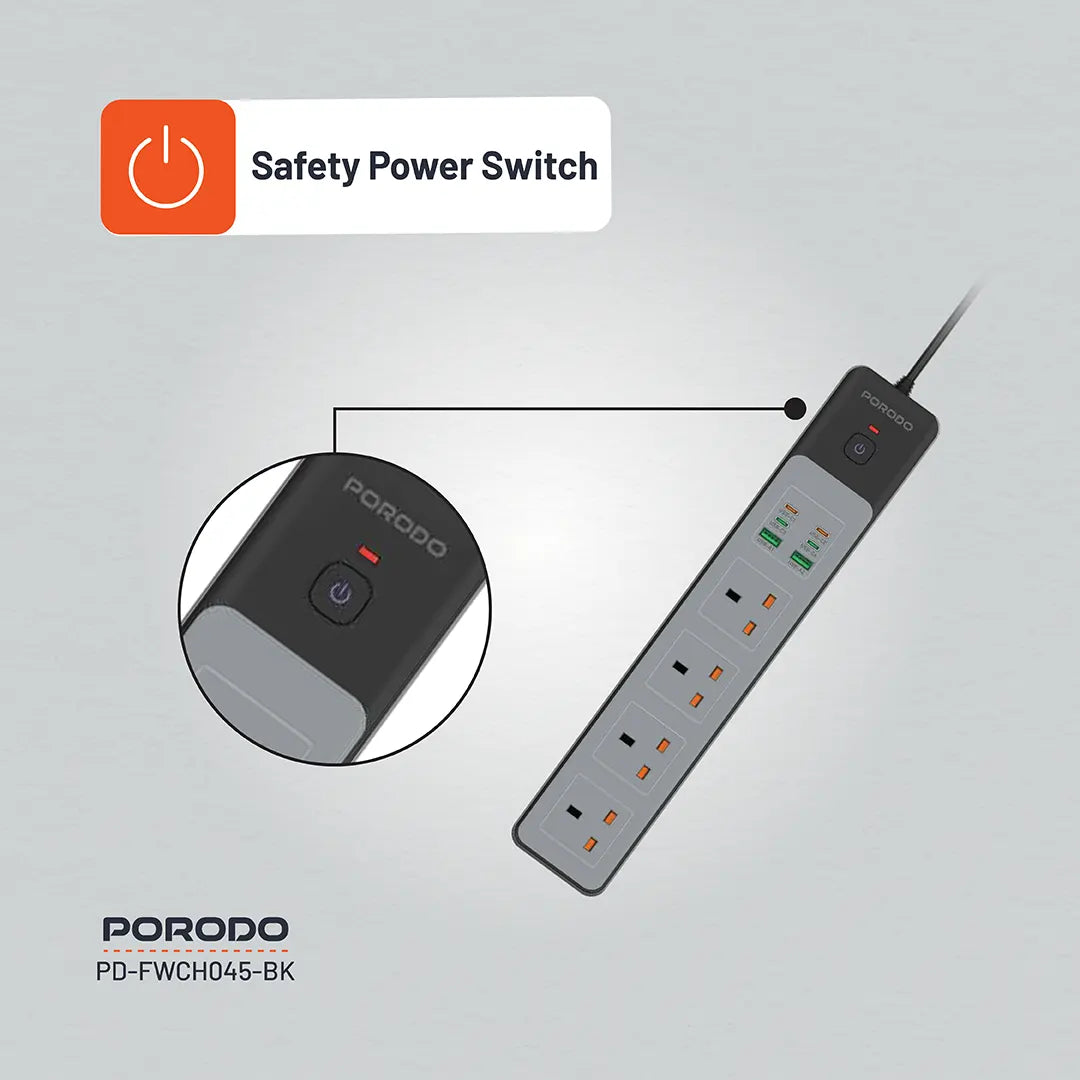 Porodo 4AC 65W 3000W Power Strip - PD-FWCH045-BK