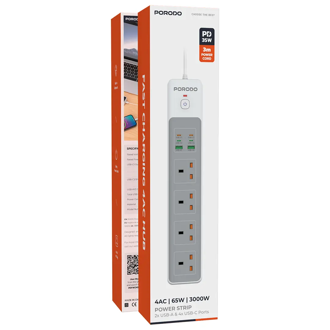 Porodo 4AC 65W 3000W Power Strip - PD-FWCH045-BK
