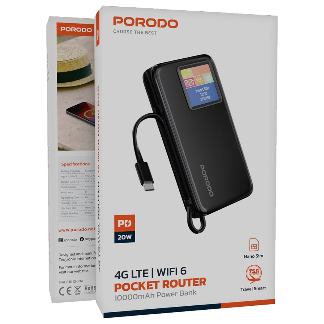 Porodo 4G LTE | WIFI 6 Pocket Router and 10000mAh Power Bank - PDPBFCH087WH