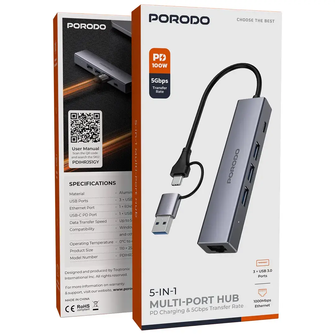Porodo 5 IN 1 Multi Port Hub - PDIHRJ51GY