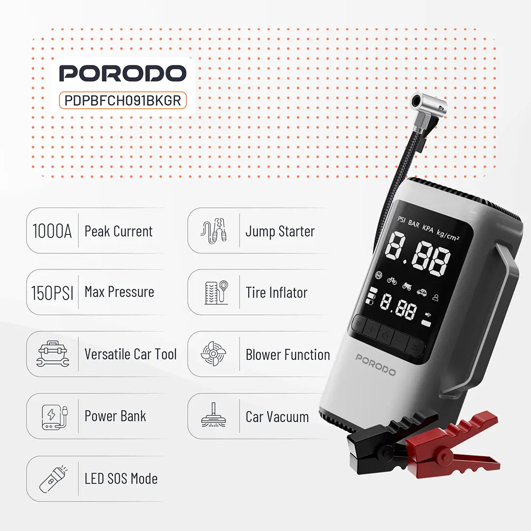 Porodo 6-IN-1 Multi Function Power Tool, Jump Starter | Air Compressor | Power Bank - PDPBFCH091BKGR