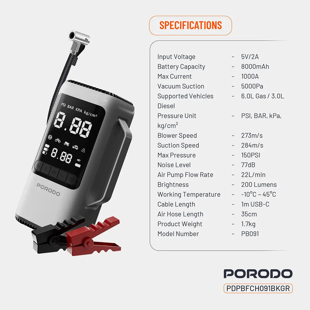 Porodo 6-IN-1 Multi Function Power Tool, Jump Starter | Air Compressor | Power Bank - PDPBFCH091BKGR