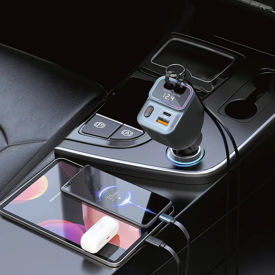 Porodo 65W Car Charger Dual Retractable Cable - PDFWCH068BK
