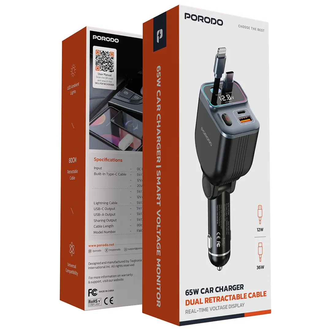 Porodo 65W Car Charger Dual Retractable Cable - PDFWCH068BK