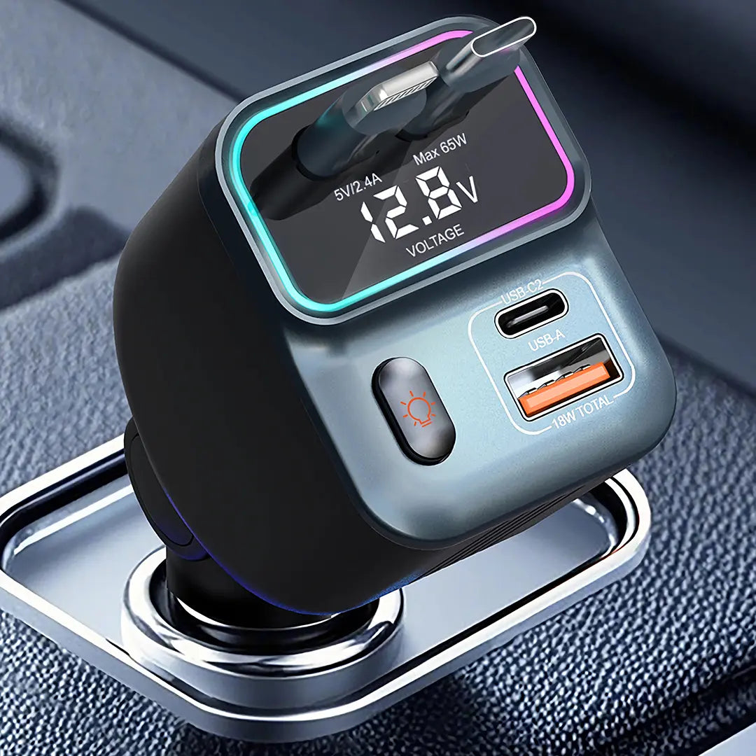 Porodo 65W Car Charger Dual Retractable Cable - PDFWCH068BK