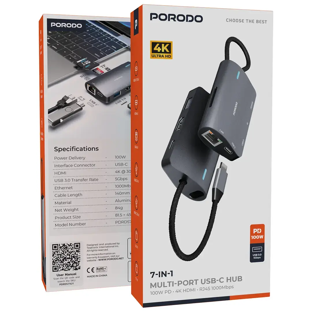 Porodo 7 IN 1 Multi Port USB-C Hub - PDRDS71GY