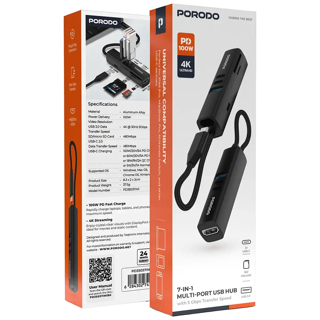 Porodo 7-In-1 Multi-Port USB Hub With 5 Gbps Transfer Speed - PD35037IN1BK