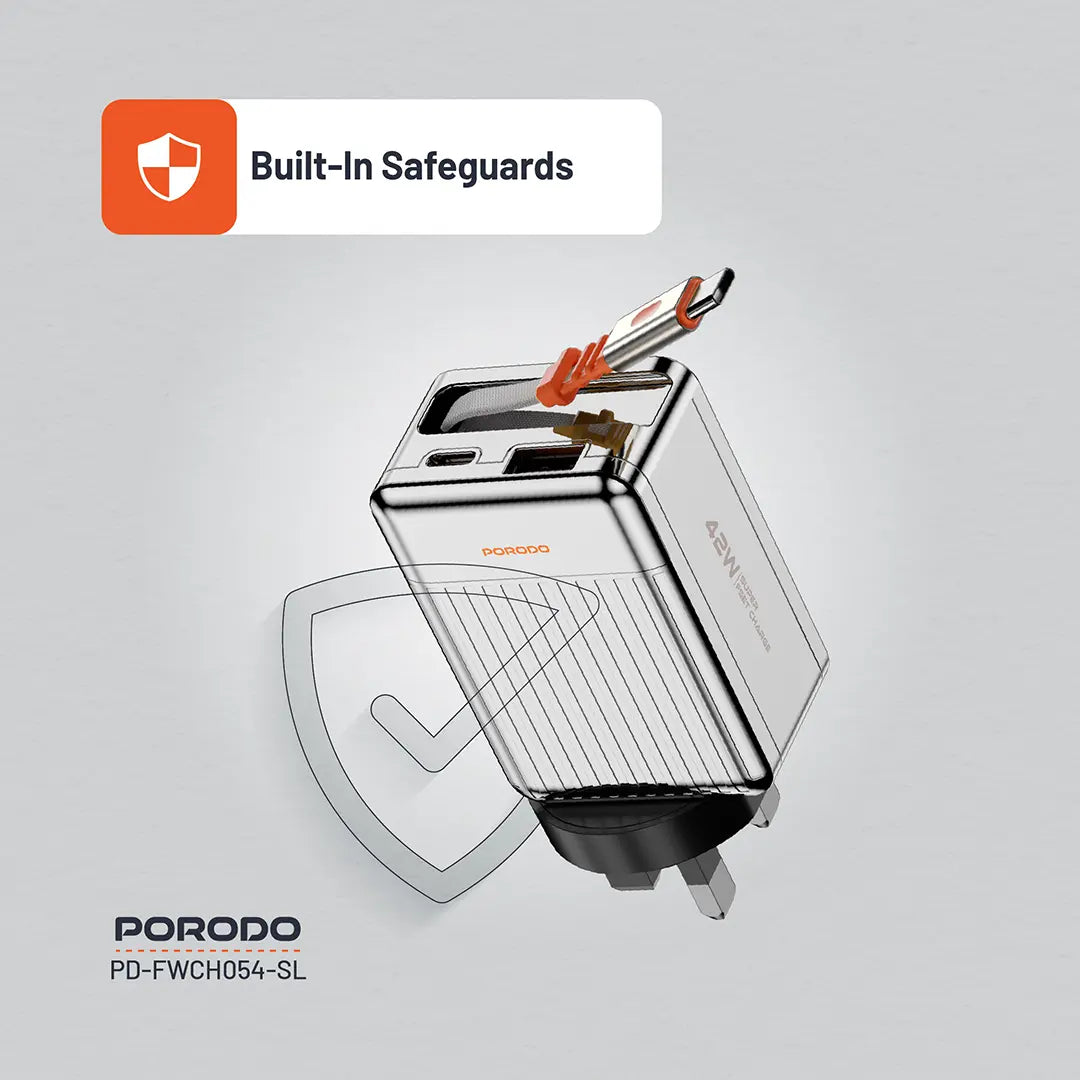 Porodo 75cm Retractable Type-C Super Quick GaN Charger - PD-FWCH054-BK