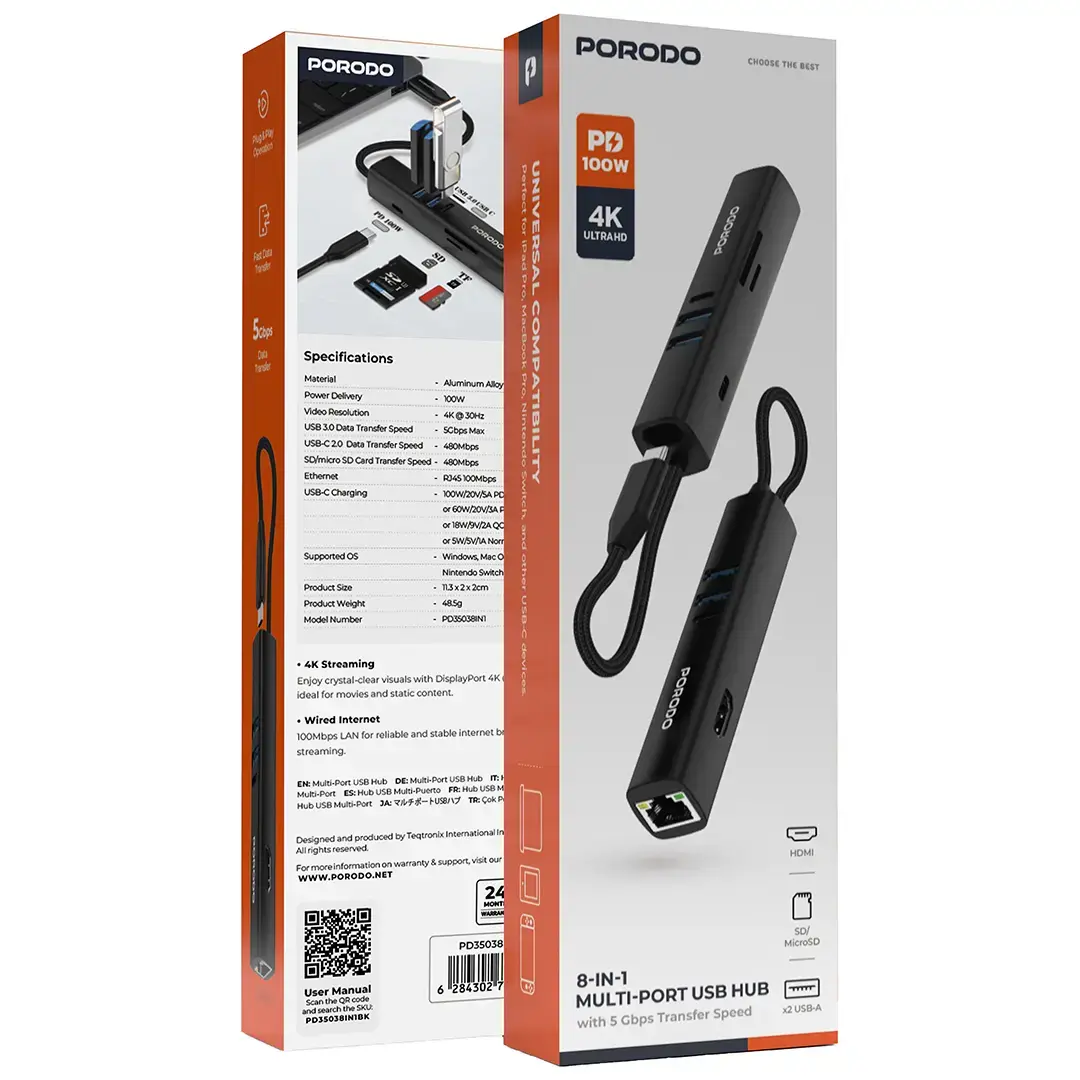 Porodo 8-In-1 Multi-Port USB Hub With 5 Gbps Transfer Speed - PD35038IN1BK