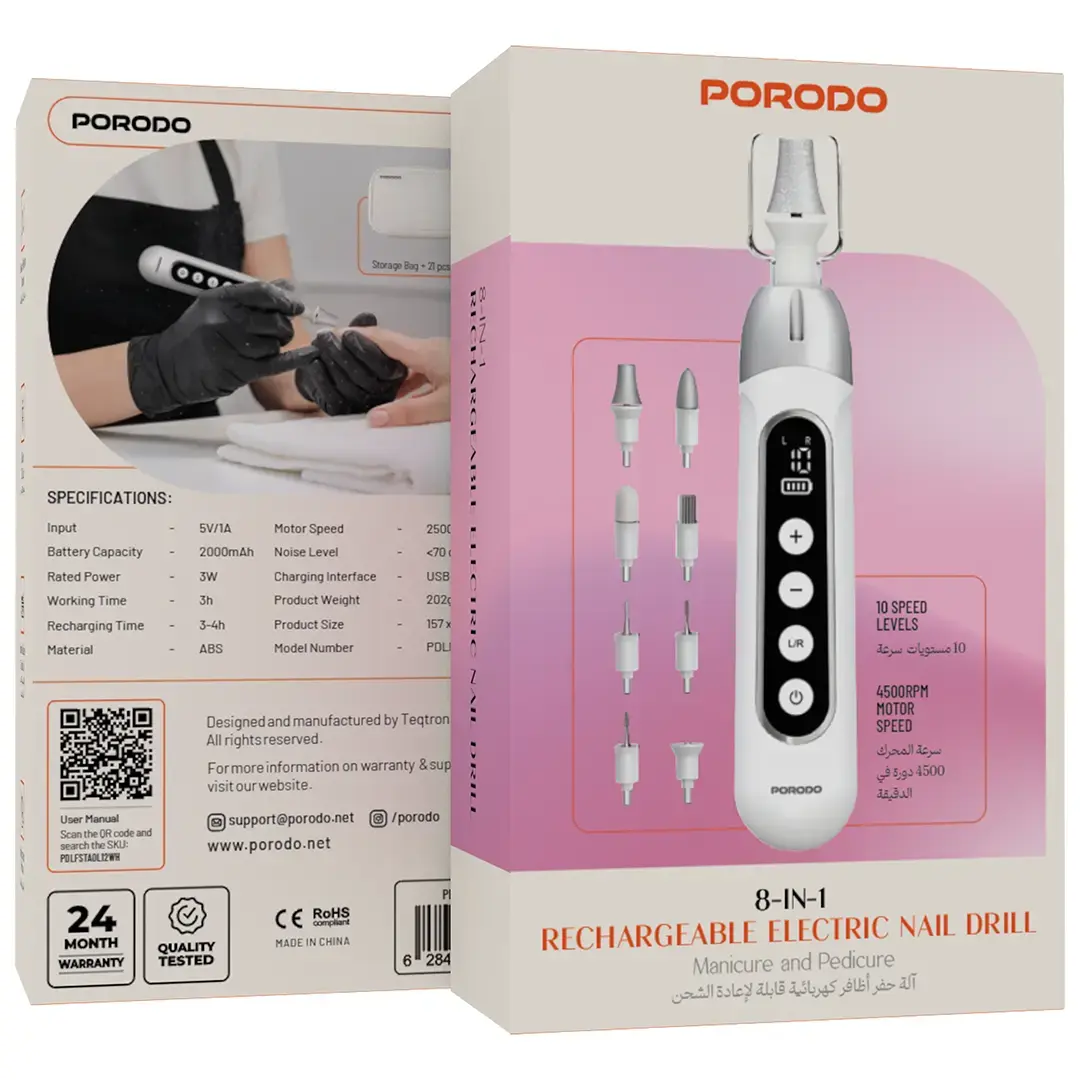 Porodo 8-IN-1 Rechargeable Electric Nail Drill - PDLFSTAOL12WH