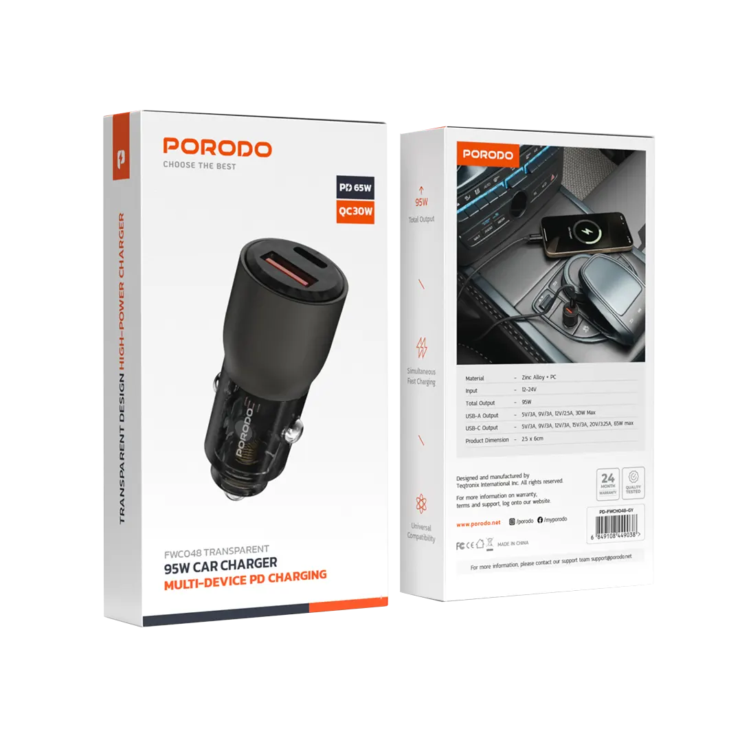 Porodo 95W Car Charger Transparent Multi-Device PD Charging - PDFWCH048GY