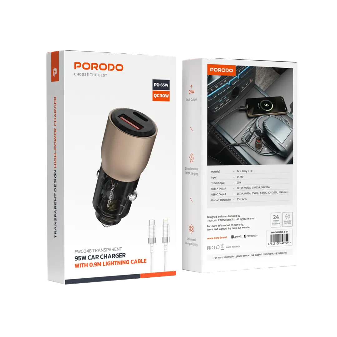Porodo 95W Car Charger Transparent With 0.9M Lightning Cable - PDFWCH048LGY