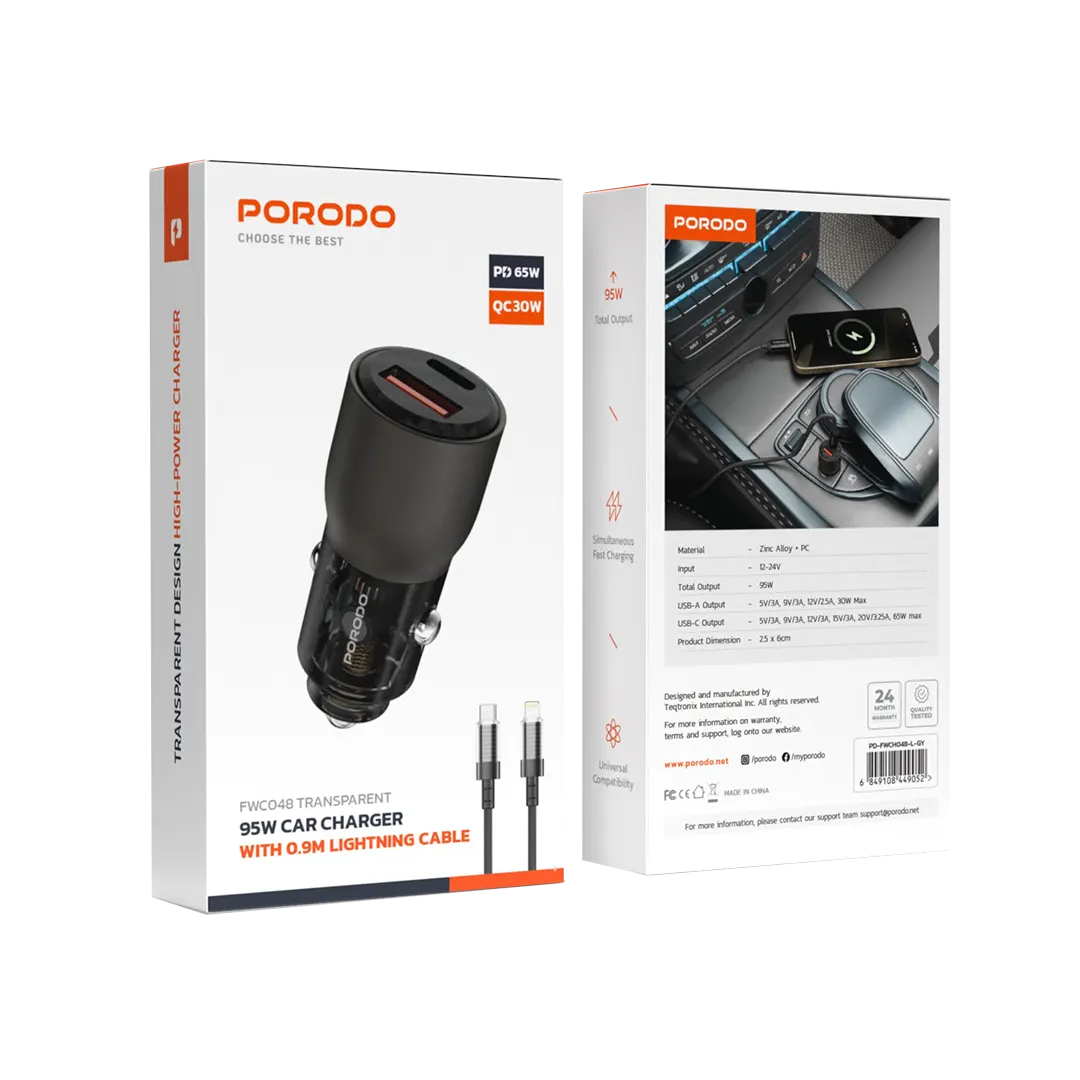 Porodo 95W Car Charger Transparent With 0.9M Lightning Cable - PDFWCH048LGY
