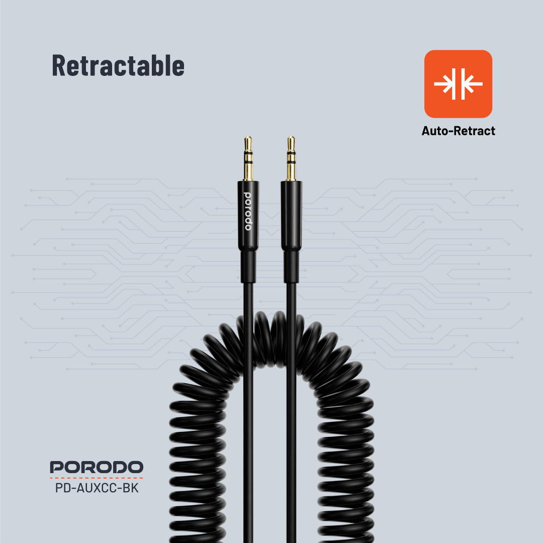 Porodo 3.5mm AUX Coiled Audio Cable Convenient Tangle-Free Design 1.2m/4ft - PDAUXCCBK