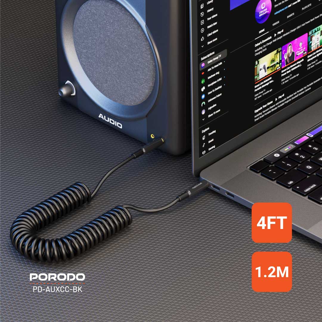 Porodo 3.5mm AUX Coiled Audio Cable Convenient Tangle-Free Design 1.2m/4ft - PDAUXCCBK