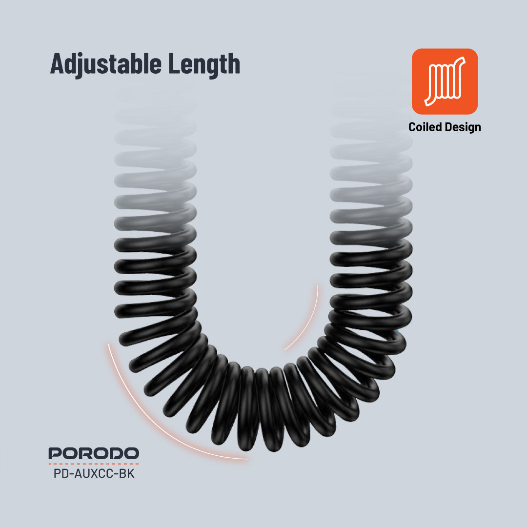 Porodo 3.5mm AUX Coiled Audio Cable Convenient Tangle-Free Design 1.2m/4ft - PDAUXCCBK