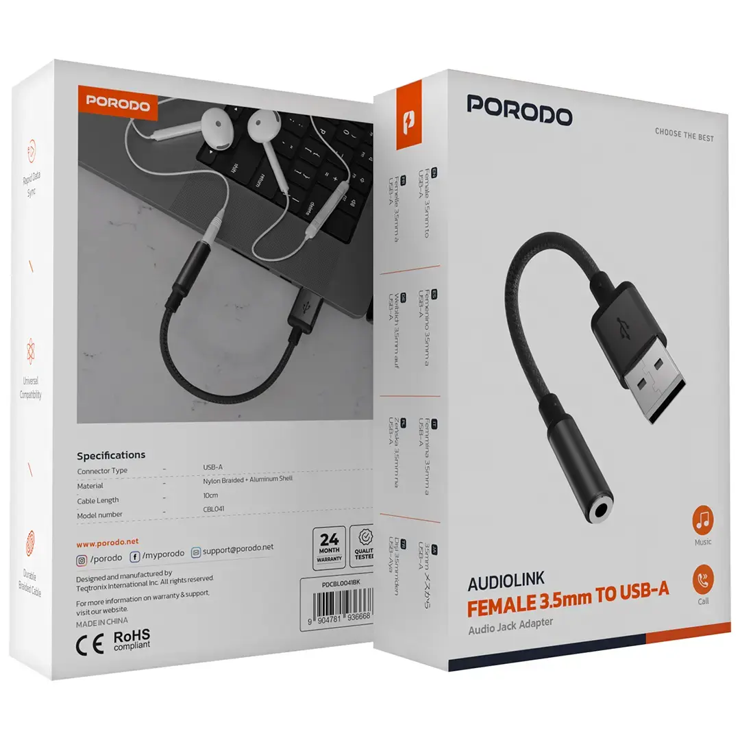 Porodo Audiolink Female 3.5mm to USB-A Audio Jack Adapter - PDCBL0041BK