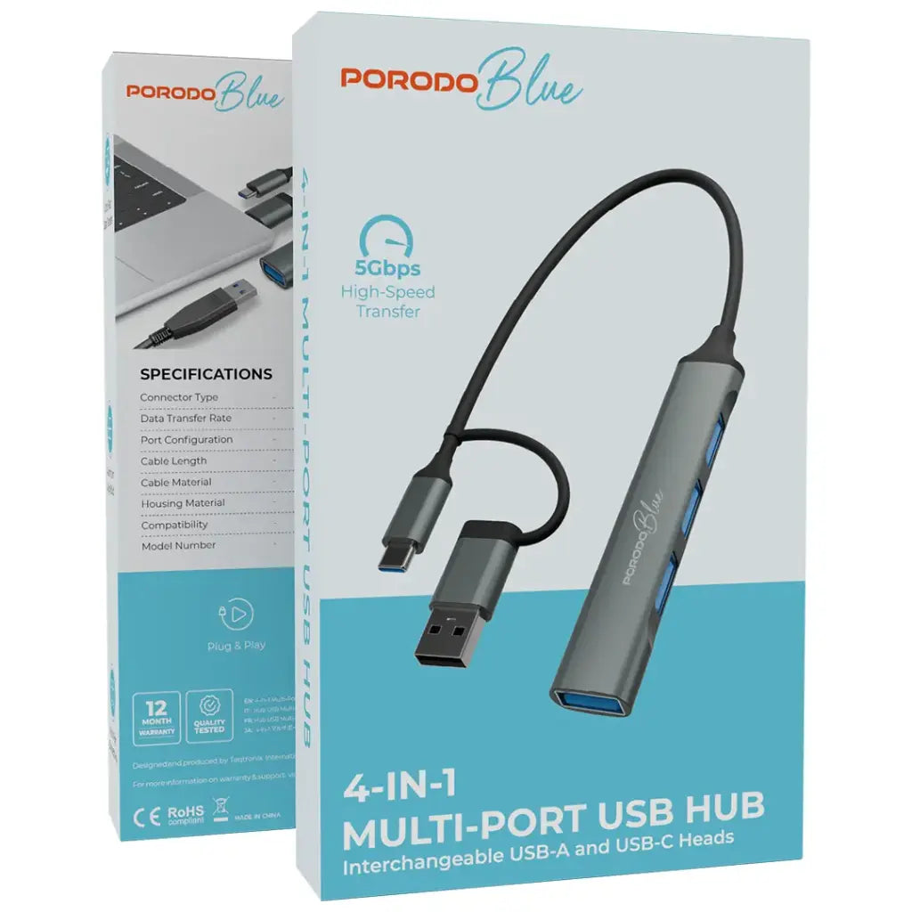 Porodo Blue محور USB متعدد المنافذ 4 في 1 مع رأسي USB-A وUSB-C - رمادي