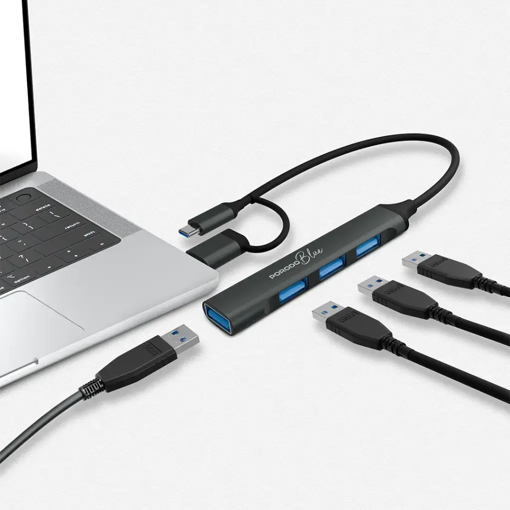 Porodo Blue محور USB متعدد المنافذ 4 في 1 مع رأسي USB-A وUSB-C - رمادي