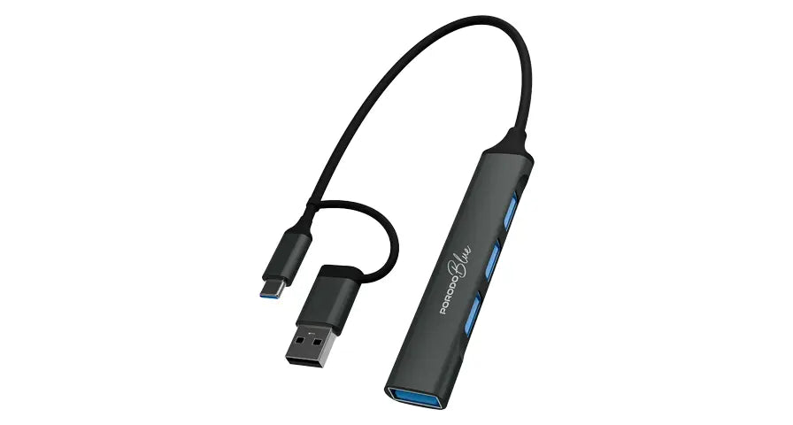 Porodo Blue محور USB متعدد المنافذ 4 في 1 مع رأسي USB-A وUSB-C - رمادي