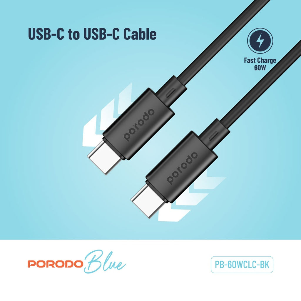 Porodo Blue كيبل 60 واط PD من USB-C إلى USB-C للشحن السريع ونقل البيانات 1.2 متر - أسود