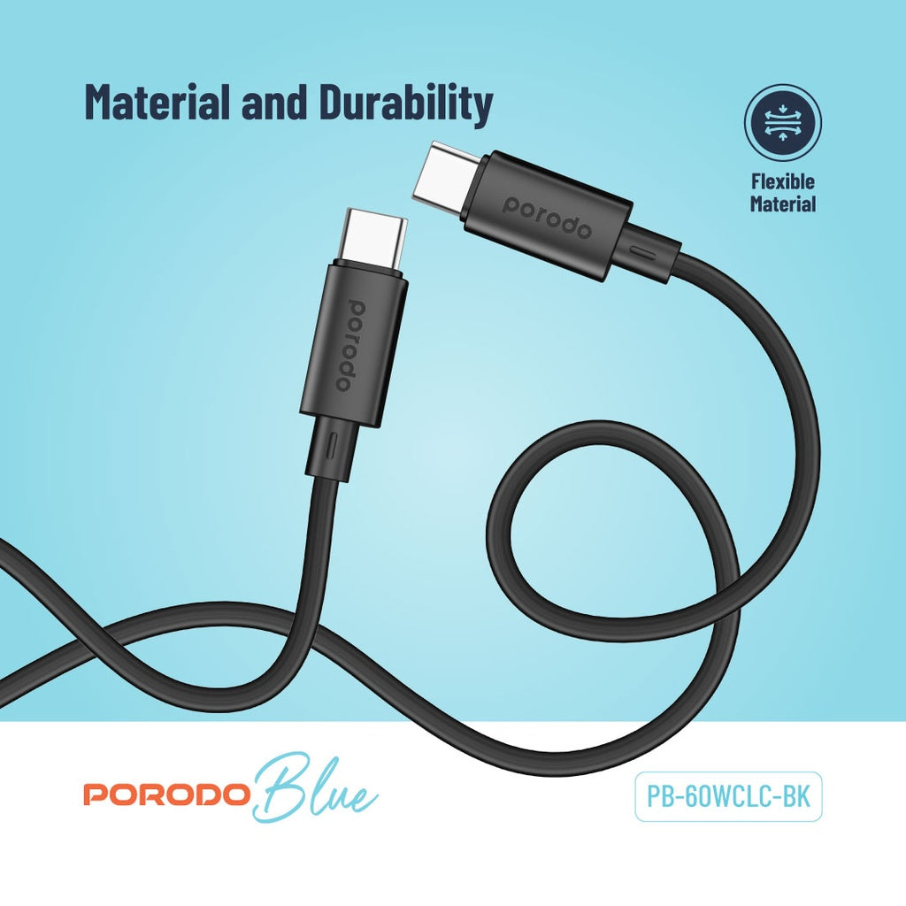 Porodo Blue كيبل 60 واط PD من USB-C إلى USB-C للشحن السريع ونقل البيانات 1.2 متر - أسود
