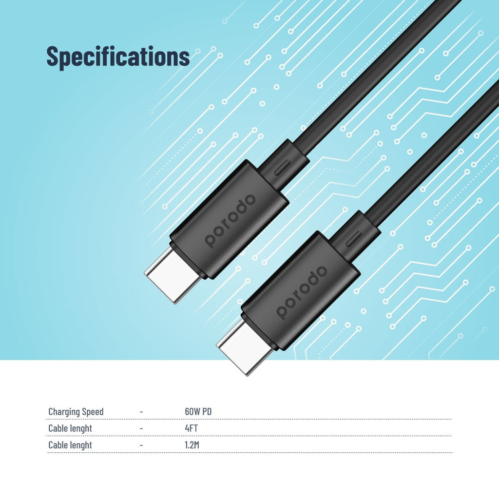 Porodo Blue كيبل 60 واط PD من USB-C إلى USB-C للشحن السريع ونقل البيانات 1.2 متر - أسود