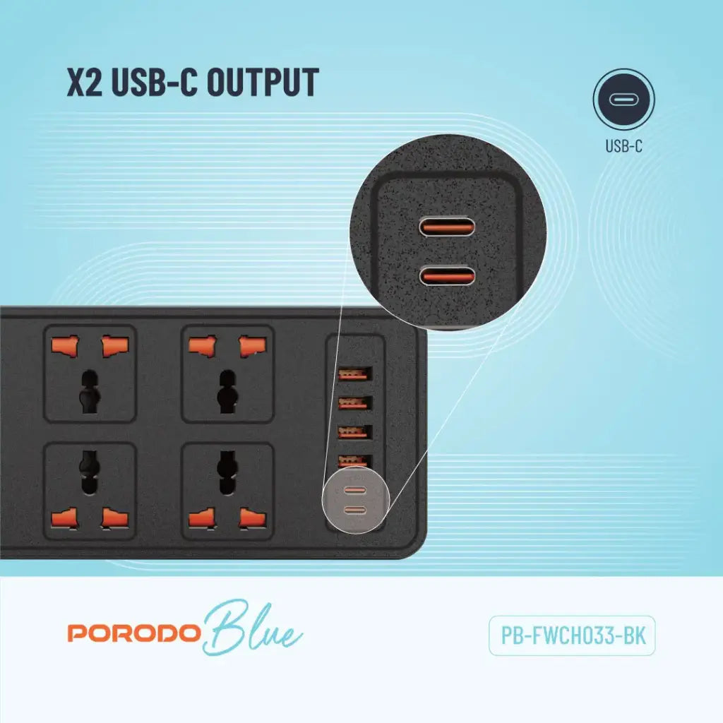 Porodo Blue مشترك كهرباء بـ 6 منافذ مع 2 USB-C و 4 USB-A وسلك 3 متر قابس بريطاني - أسود