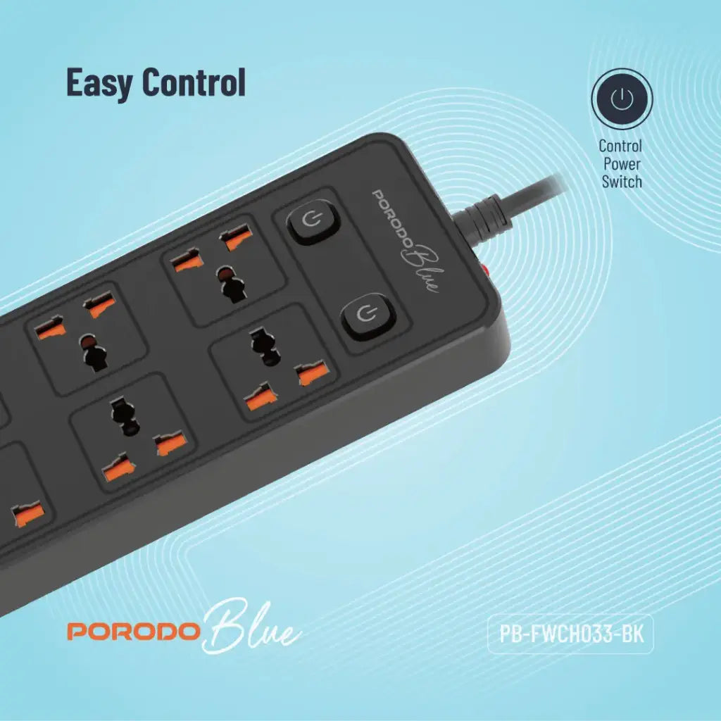 Porodo Blue مشترك كهرباء بـ 6 منافذ مع 2 USB-C و 4 USB-A وسلك 3 متر قابس بريطاني - أسود