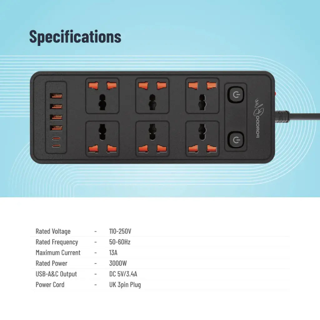 Porodo Blue مشترك كهرباء بـ 6 منافذ مع 2 USB-C و 4 USB-A وسلك 3 متر قابس بريطاني - أسود