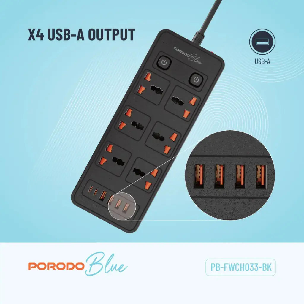 Porodo Blue مشترك كهرباء بـ 6 منافذ مع 2 USB-C و 4 USB-A وسلك 3 متر قابس بريطاني - أسود
