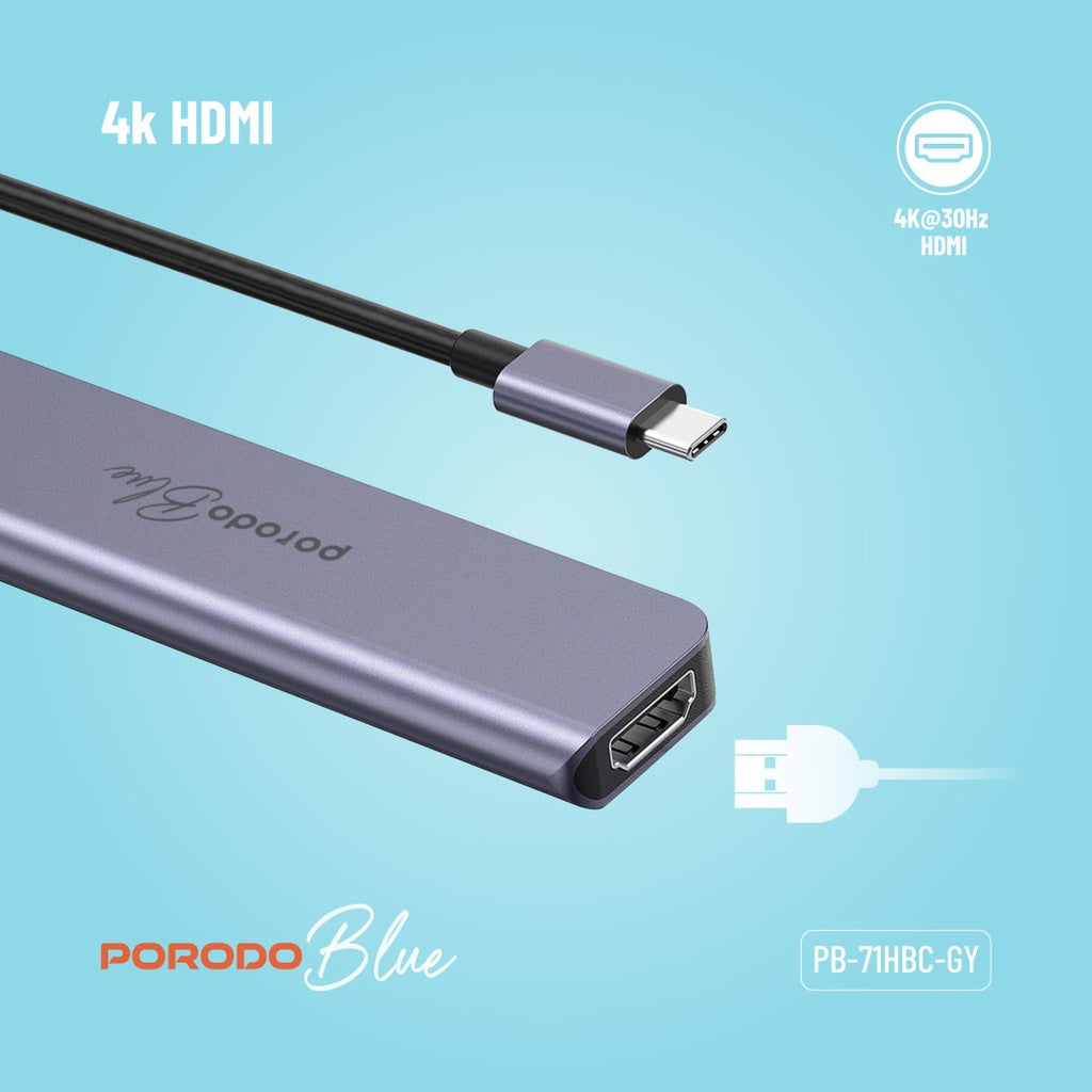 Porodo Blue محور USB-C 7 في 1 مع HDMI بدقة 4K ومنافذ SD ومايكرو SD - رمادي