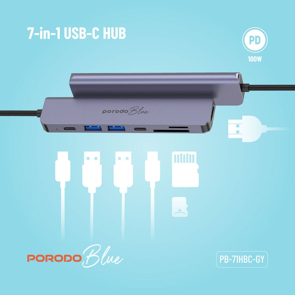 Porodo Blue محور USB-C 7 في 1 مع HDMI بدقة 4K ومنافذ SD ومايكرو SD - رمادي