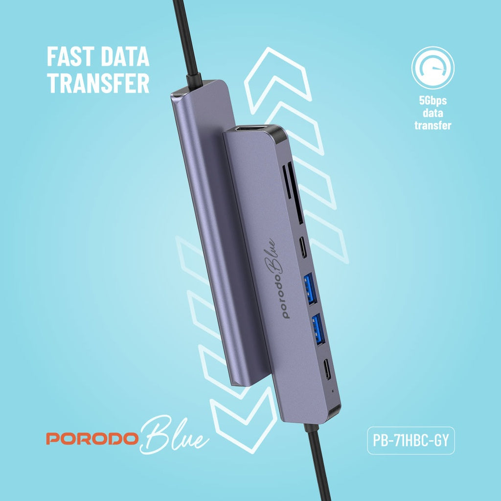 Porodo Blue محور USB-C 7 في 1 مع HDMI بدقة 4K ومنافذ SD ومايكرو SD - رمادي