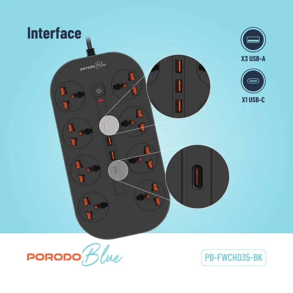 Porodo Blue 8 AC Power Strip with 1 USB-C and 3 USB-A, 3m UK Plug - Black